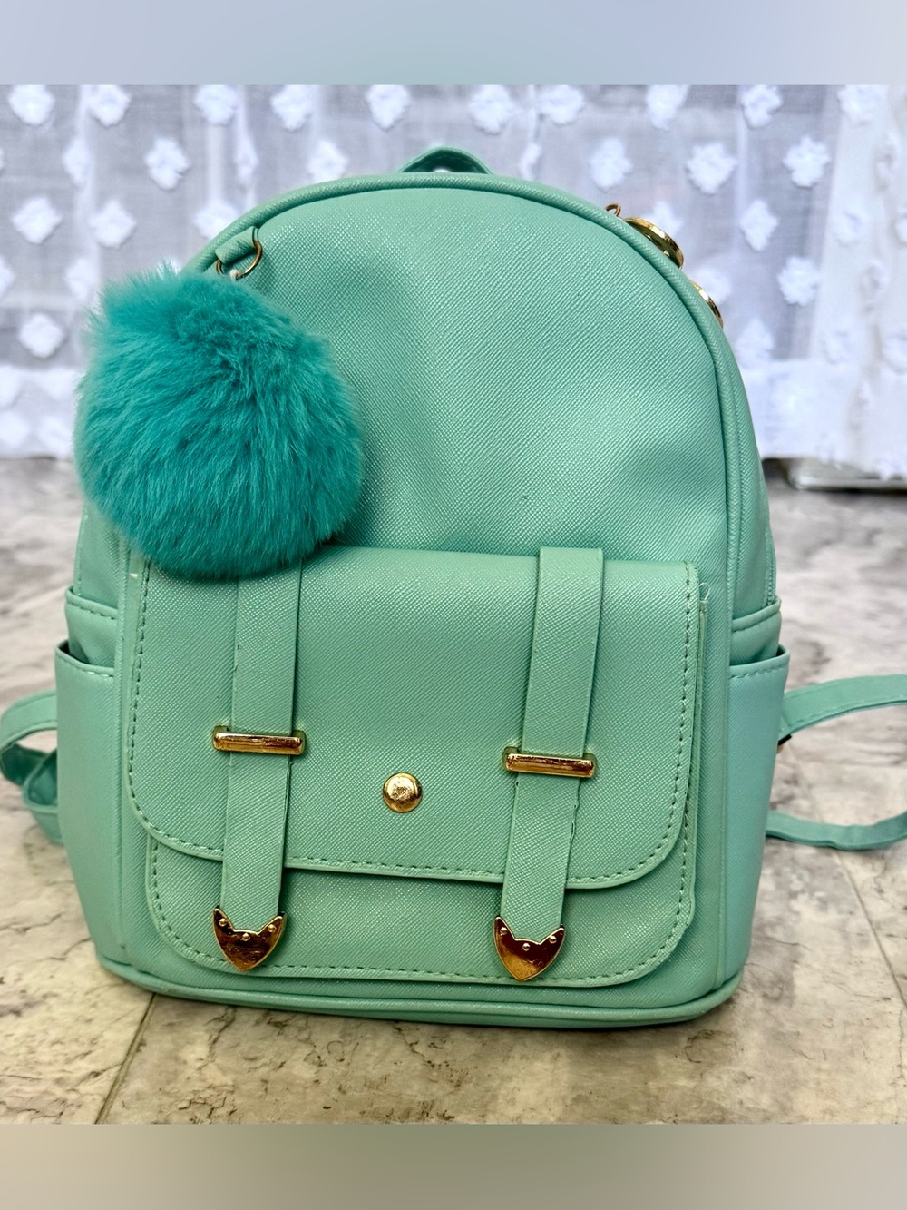 Mint Faux Leather Mini Backpack with Pom Pom